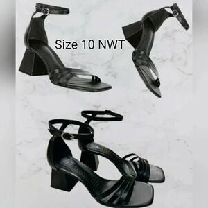 Dress Sandals 10 Black Leather Block Heel Strappy Events Minimalist New